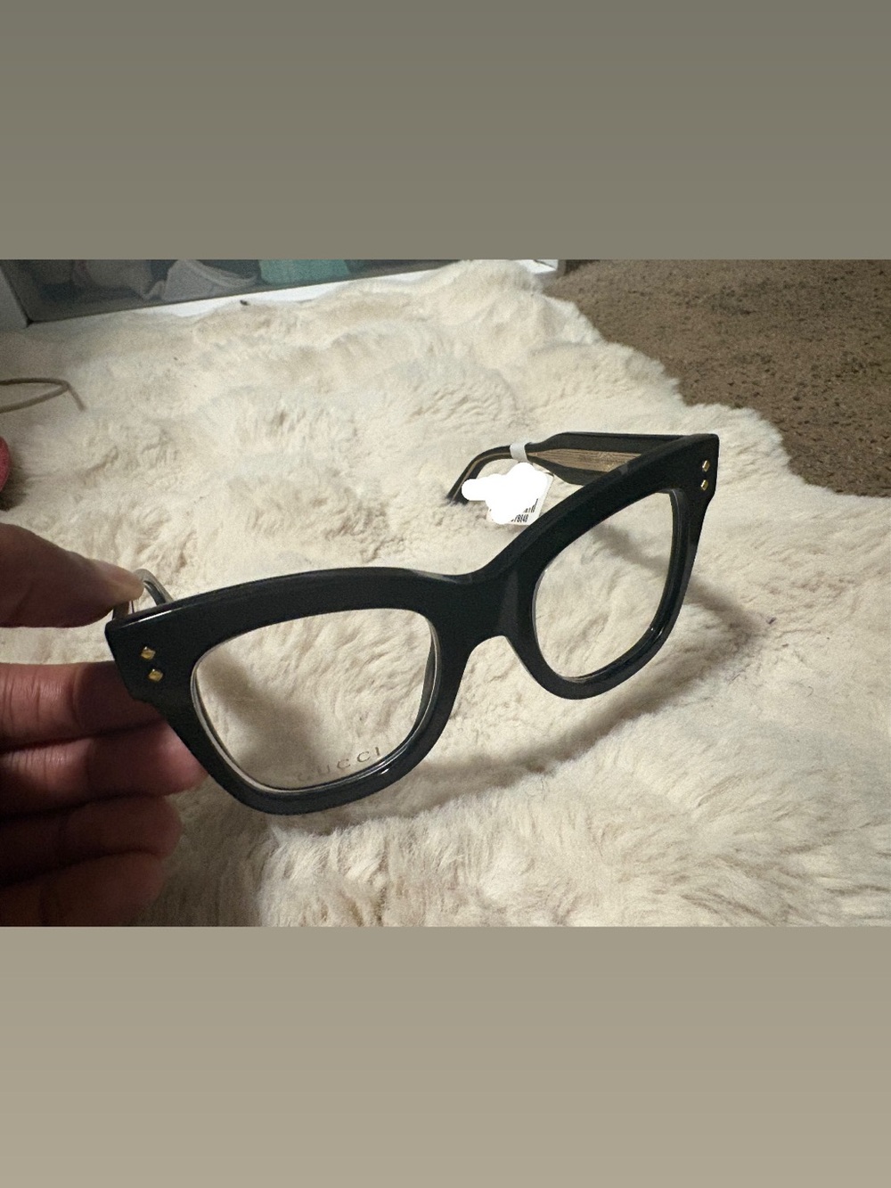 Gucci Black Thick-Frame Cat Eye Glasses with Gold Accents - Picture 2 of 2